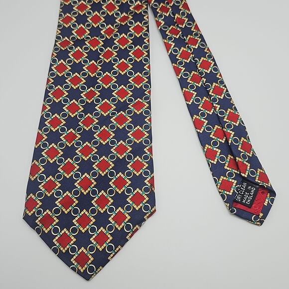 Scully & Scully Geometric Tie Mens Abstract Red Blue Gold Silk England 57.6" - Picture 3 of 6
